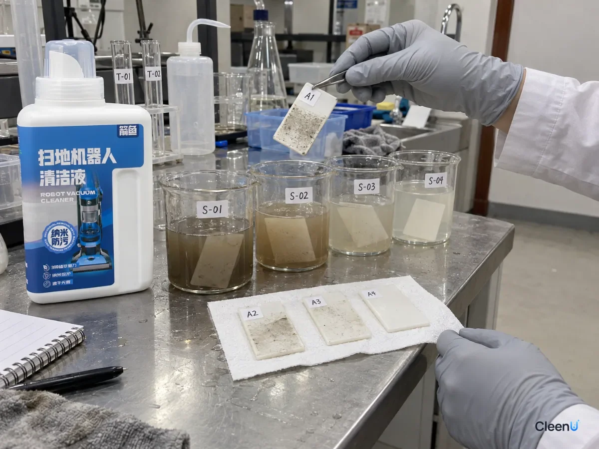 AI illustration: Plastic samples soaking in clear containers beside cloudy liquid and a blue bottle
