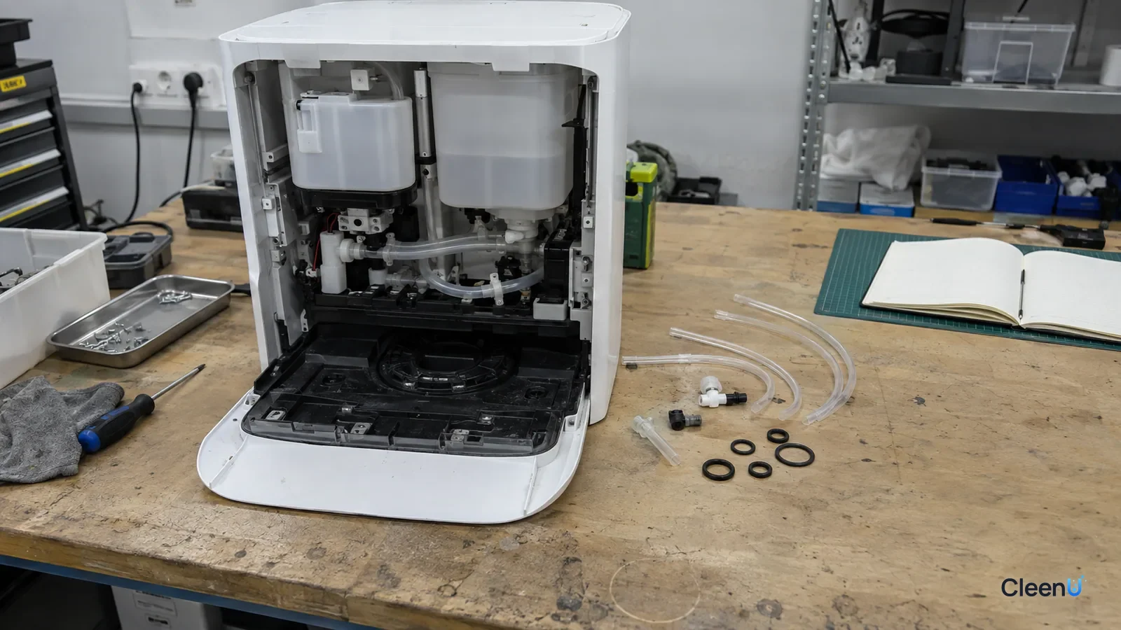 AI illustration: An opened white self-cleaning dock prototype, lengths of clear tubing and seal samples on a lab bench beside a notebook