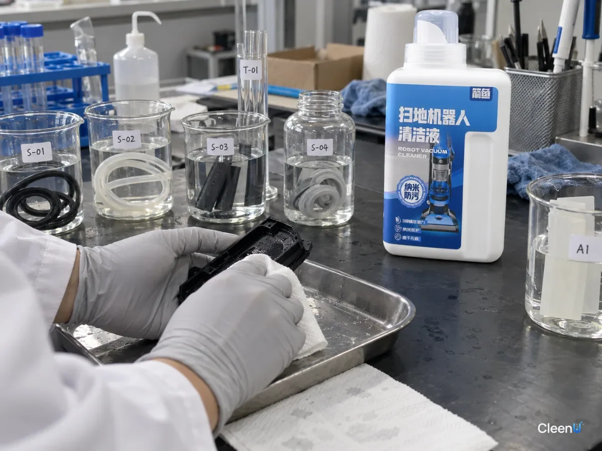 AI illustration: Clear jars holding seals, tubing and plastic samples beside a blue cleaner bottle