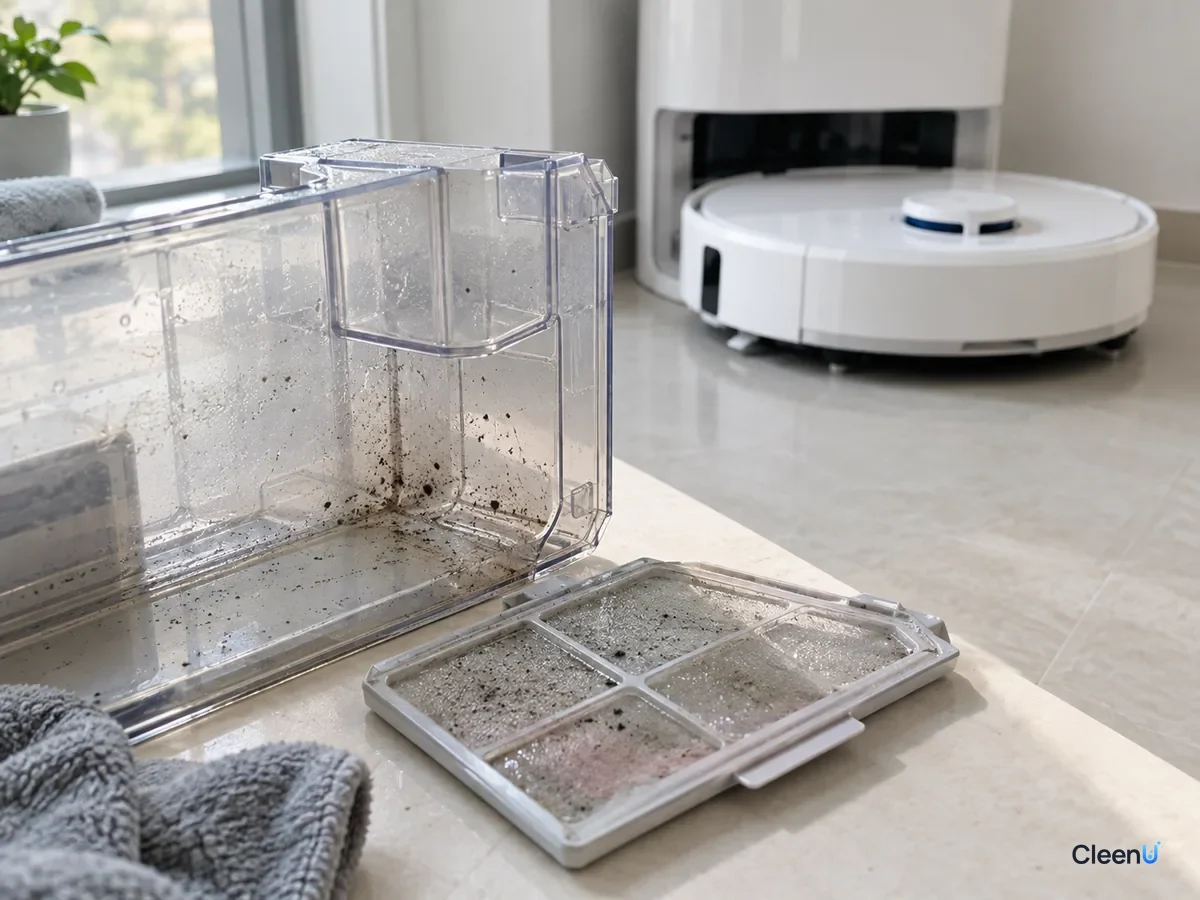 AI illustration: Faint black dots and a slimy film in the corner of a clean water tank and on its filter