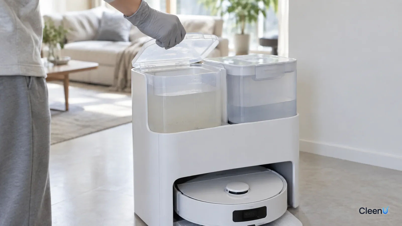 AI illustration: A gloved hand opening the clean-water tank lid on a robot mop dock