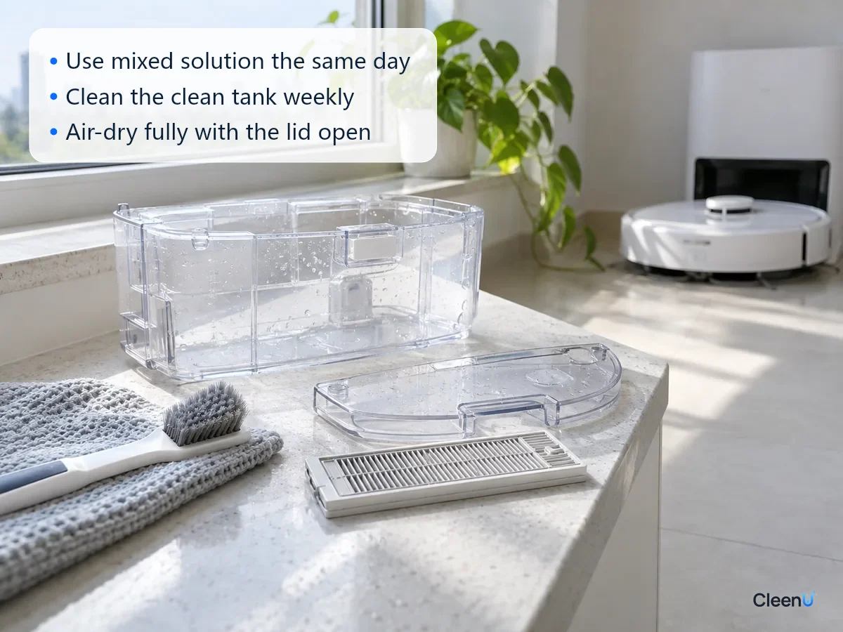 AI illustration: A scrubbed clean water tank, lid and filter set apart to air-dry in a well-ventilated spot