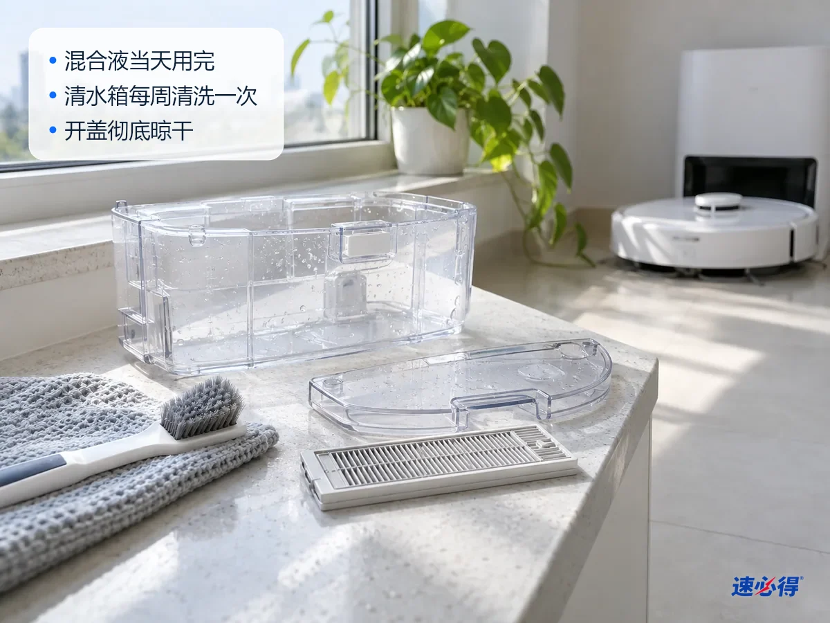 AI 示意图：刷洗干净的清水箱、盖子和滤网分开放在通风处晾干