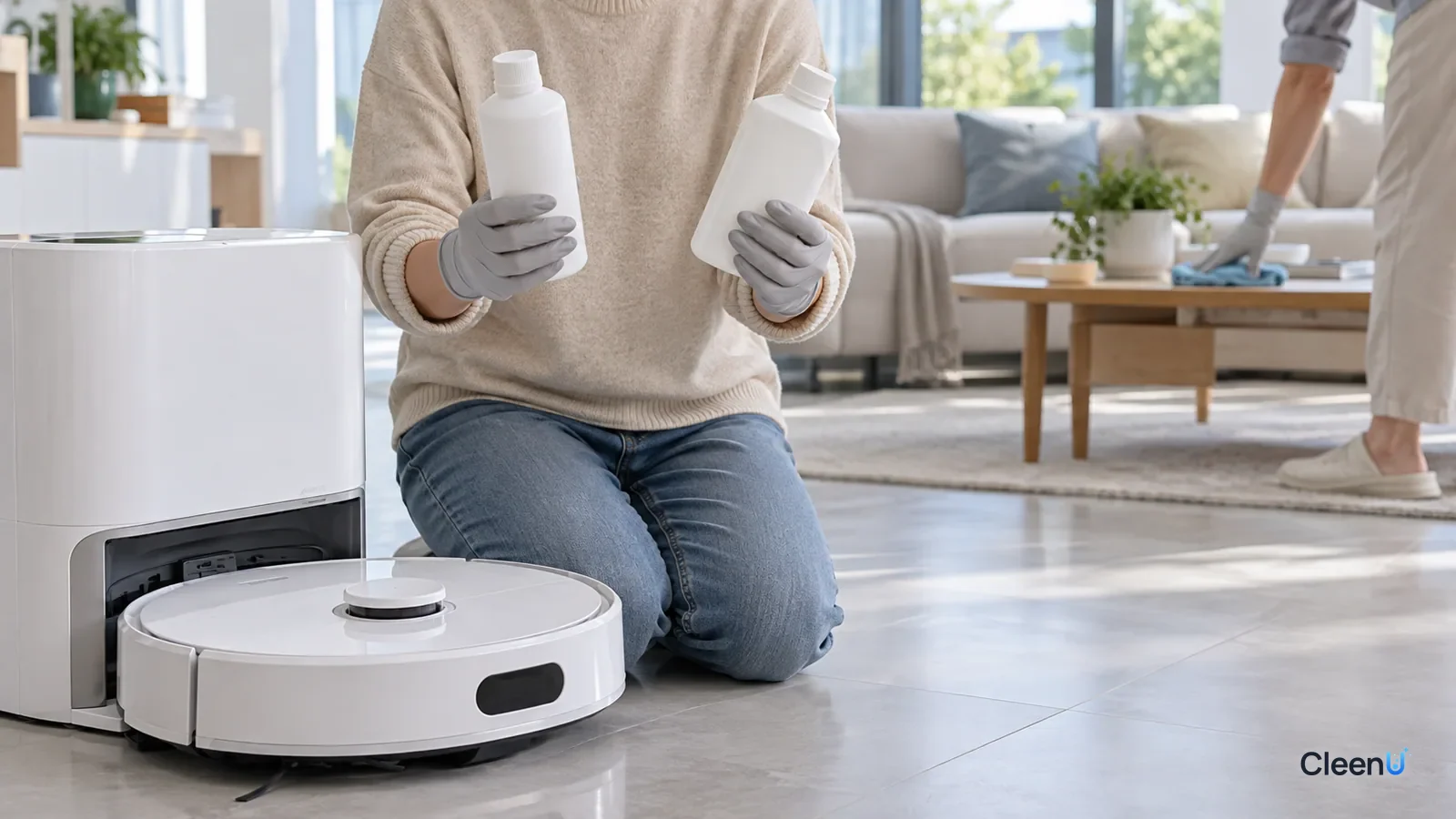 AI illustration: A person kneeling beside a robot mop dock holding two unlabeled bottles
