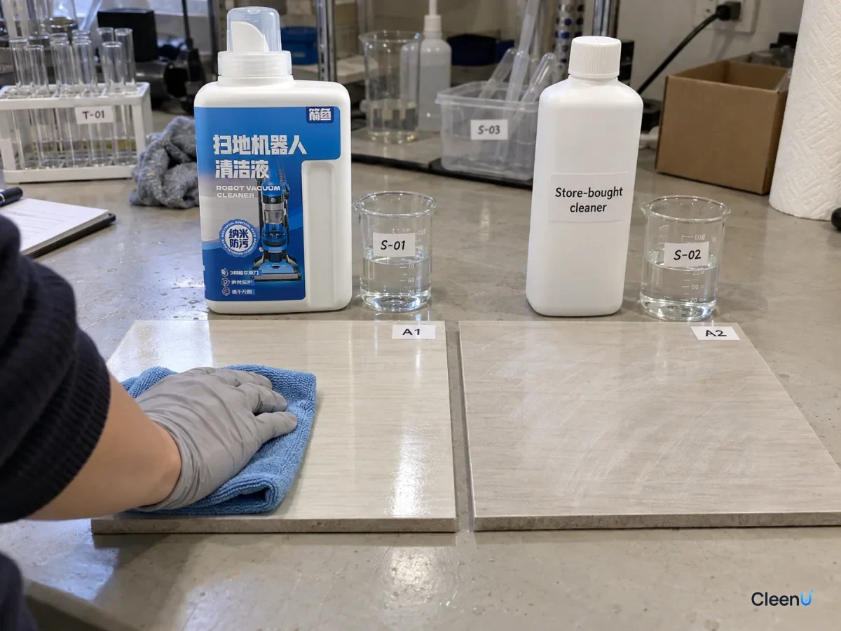 AI illustration: Floor samples, a wiping cloth and blue and white bottles on a laboratory bench