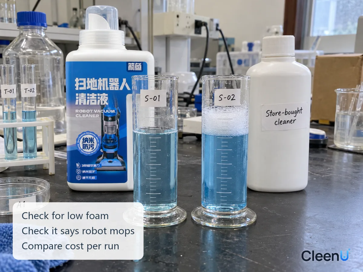 AI illustration: Two graduated cylinders of blue liquid with different foam heights and instructional text