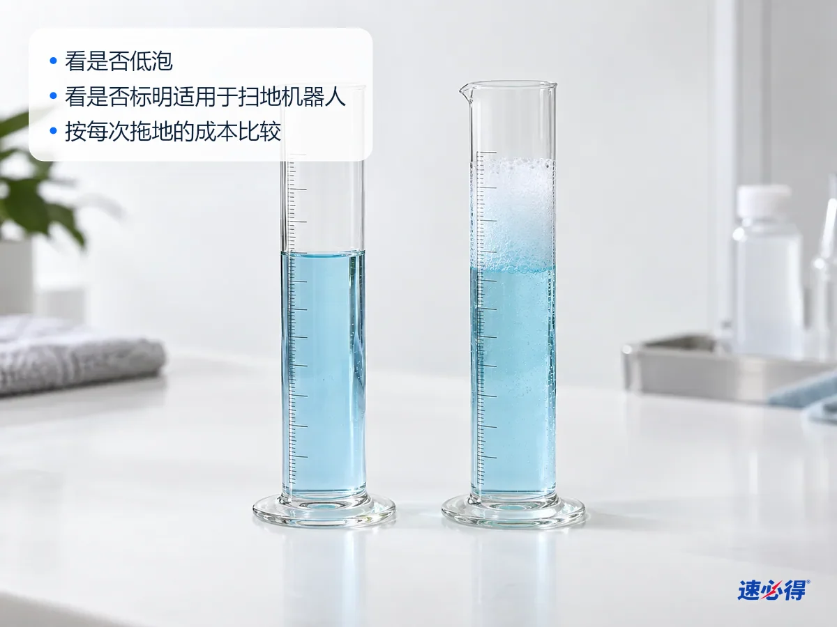 AI 示意图：两只装有蓝色液体的量筒，泡沫高度不同，旁边带有说明文字