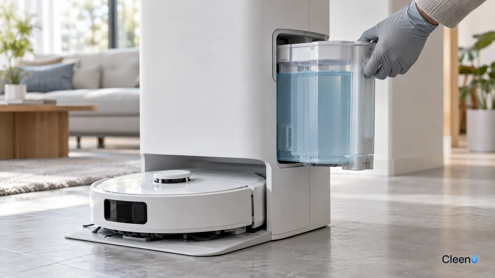 AI illustration: The detergent compartment on the side of a white self-cleaning dock pulled halfway out, filled with light blue cleaning solution