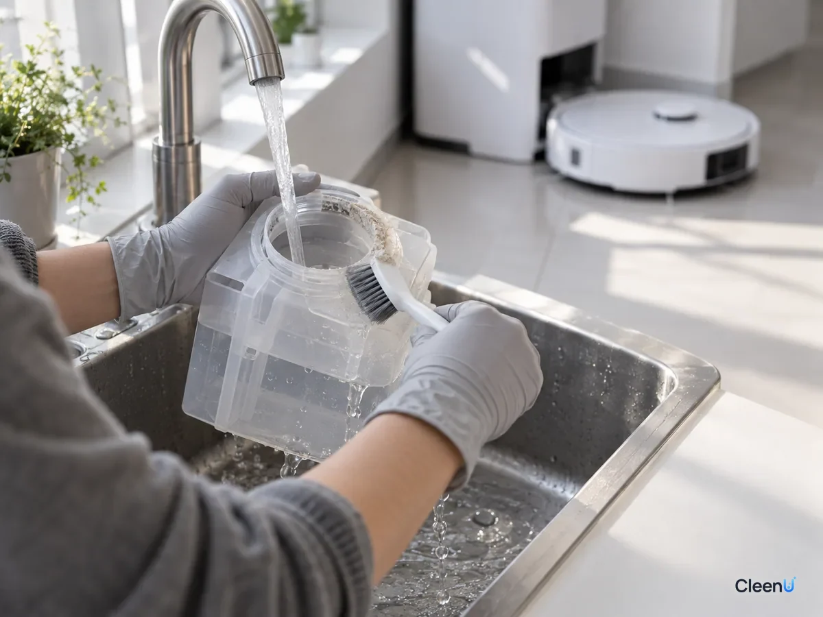 AI illustration: A gloved hand rinsing a dock's detergent compartment with warm water at the sink, a ring of white crystals washing off its opening