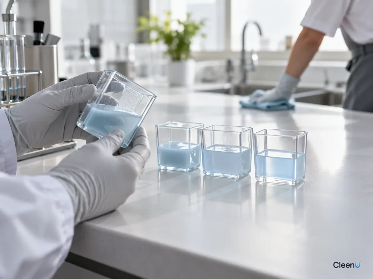 AI illustration: Gloved hands pouring liquid into small clear containers