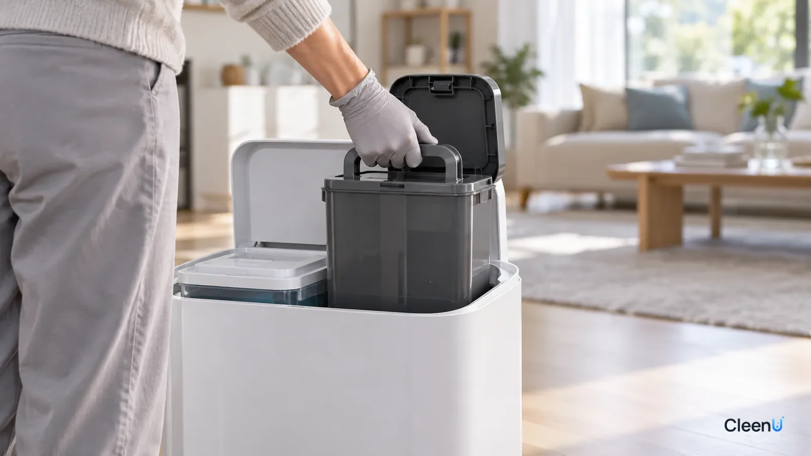 AI illustration: A gloved hand lifting the dirty water tank out of a robot vacuum dock