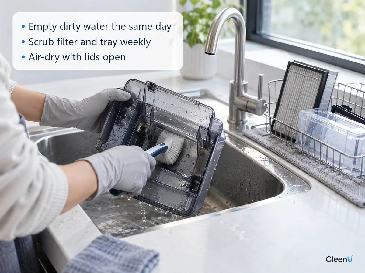 AI illustration: A gloved hand scrubbing the inside of a dirty water tank with a soft brush, a clean filter and wash tray drying nearby