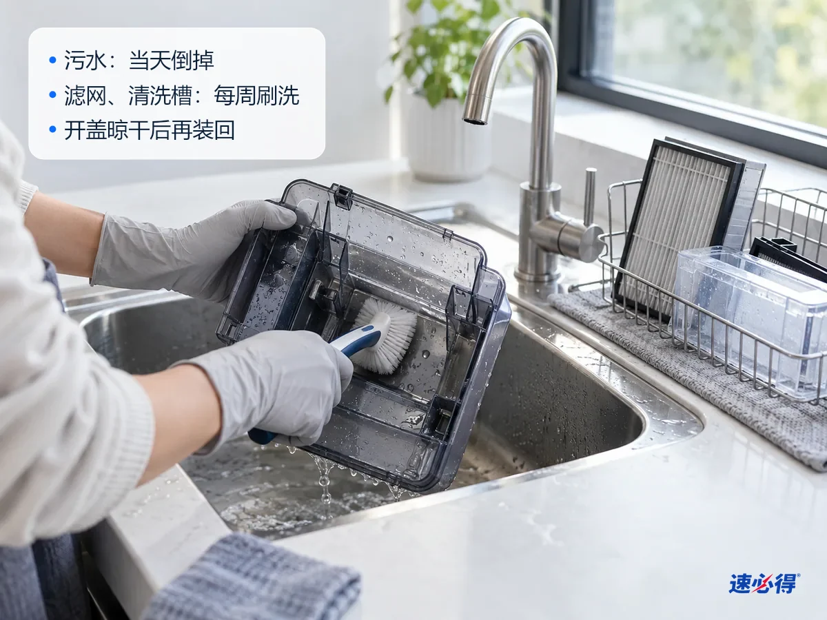 AI 示意图：戴手套的手用软毛刷刷洗污水箱内壁，旁边晾着洗净的滤网和清洗槽
