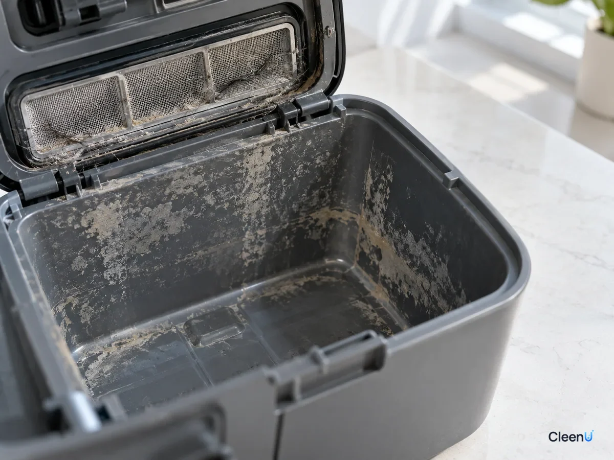 AI illustration: Gray grime and tangled hair built up on the inside wall and filter of a robot vacuum dirty water tank