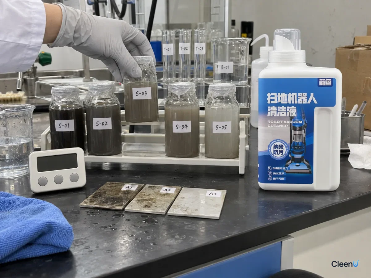 AI illustration: Cloudy water samples, a timer, gloved hands and a blue bottle on a laboratory bench