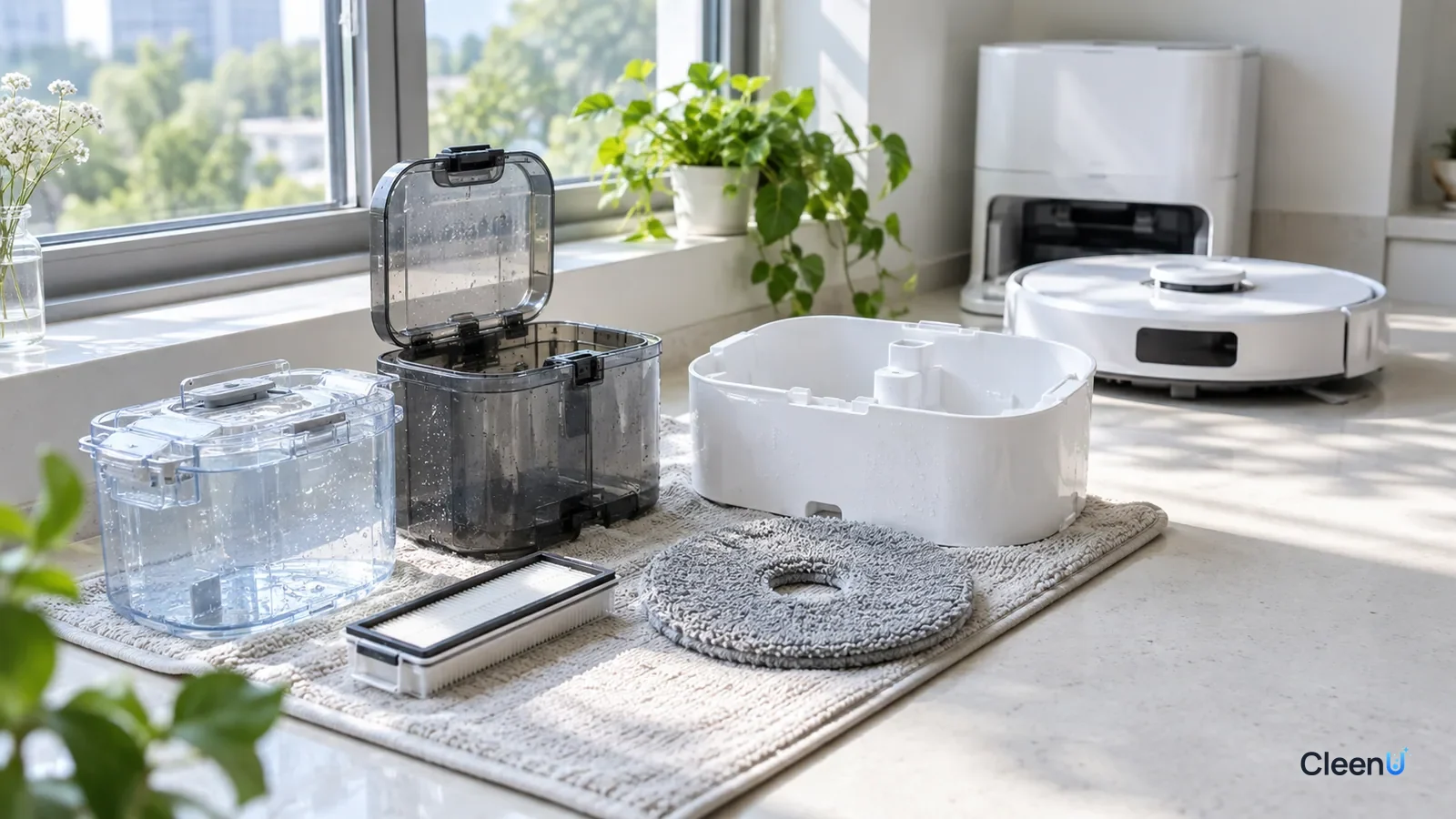 AI illustration: Clean robot vacuum water tanks, filter and wash tray laid out to air-dry on a counter by a window