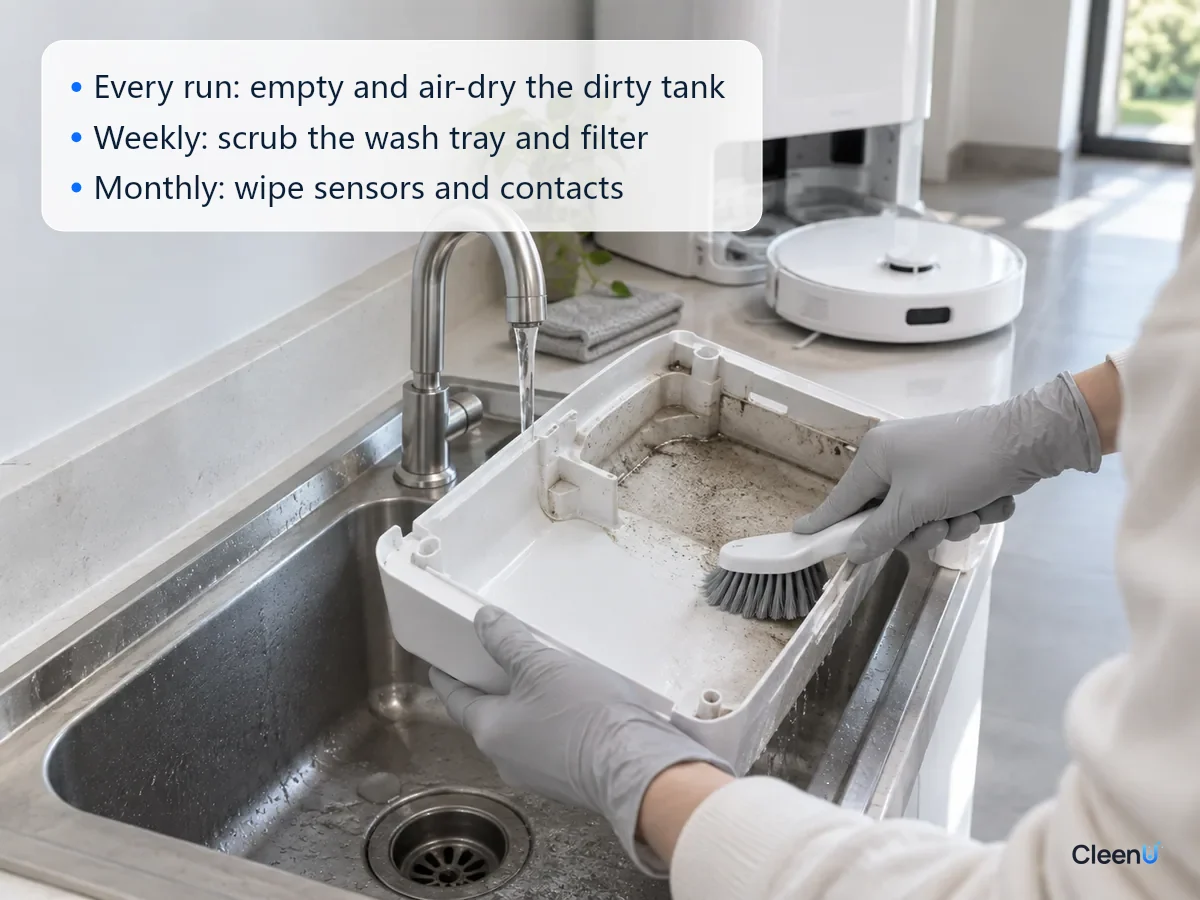 AI illustration: A gloved hand scrubbing a robot vacuum dock's removable wash tray with a soft brush by the sink