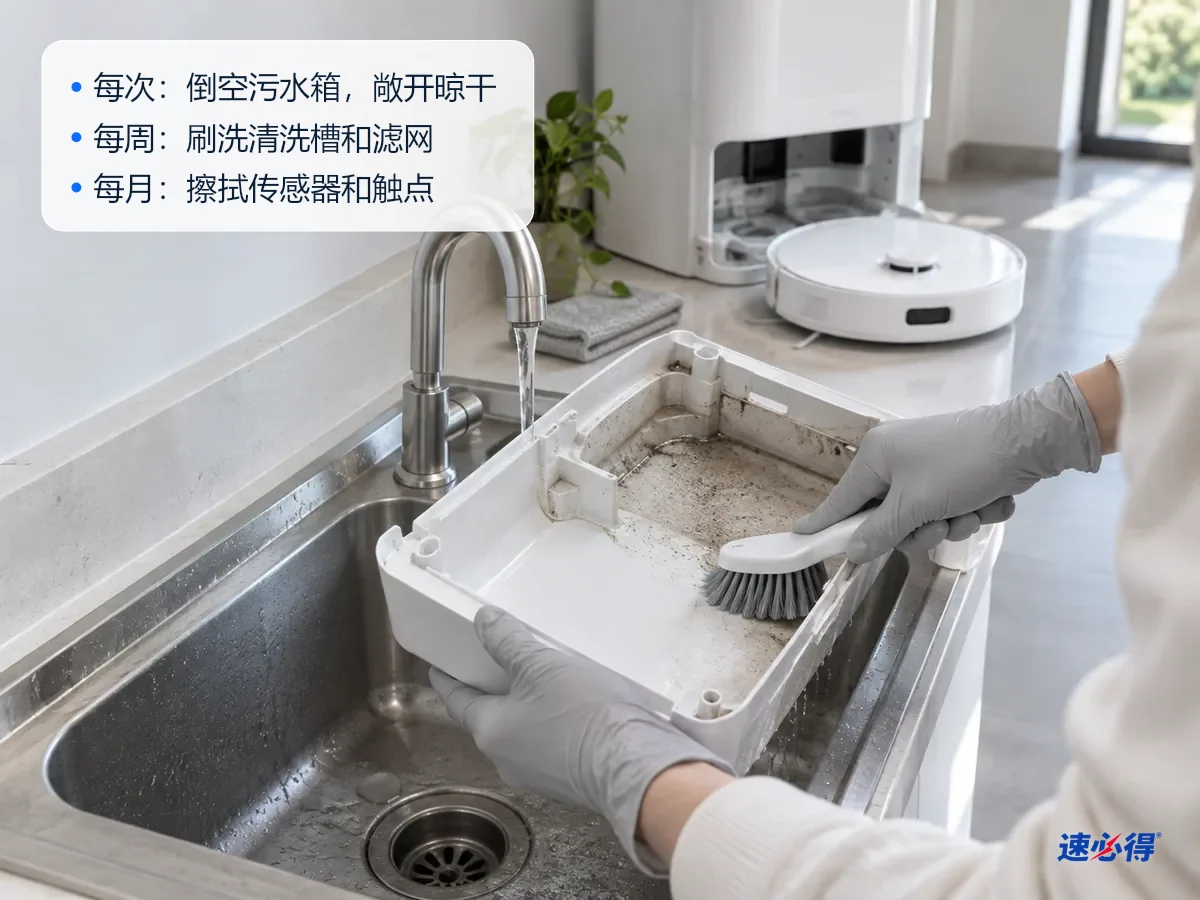 AI 示意图：戴手套的手在水槽边用软毛刷刷洗扫地机器人基站拆下的清洗槽