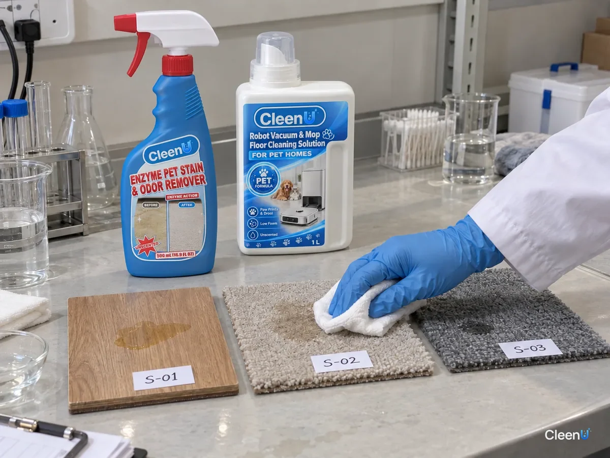 A lab tech blots pet stains on wood, light carpet and dark carpet samples beside CleenU Enzyme Pet Stain & Odor Remover.
