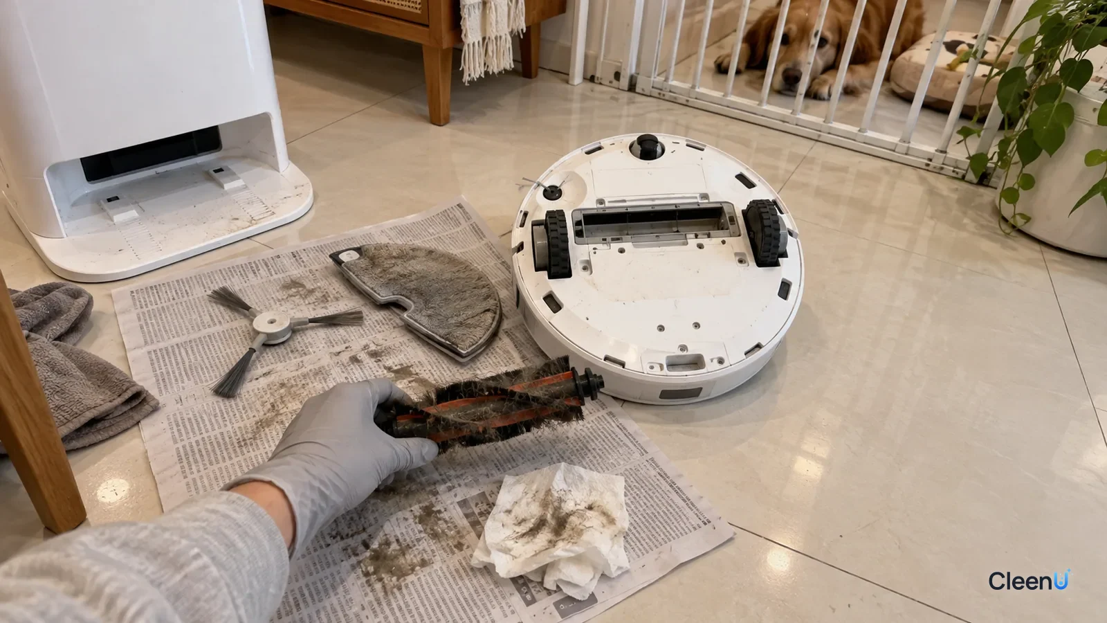 A gloved hand cleans a soiled roller brush on newspaper next to an overturned robot vacuum, with its side brushes and mop removed.