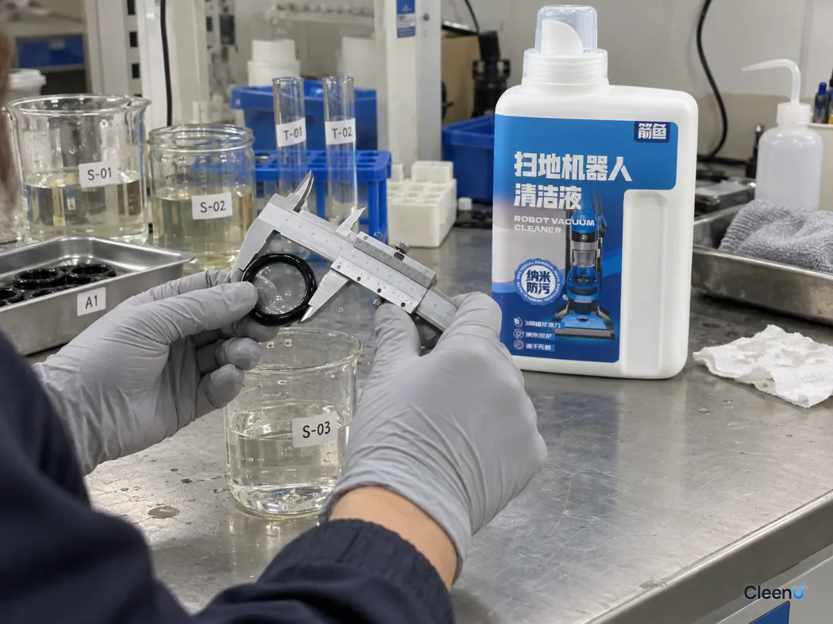 A gloved hand measuring a black seal with calipers beside glass jars and a blue bottle