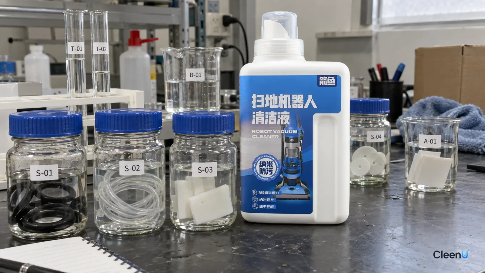 Three capped glass jars holding seals, plastic samples and clear tubing