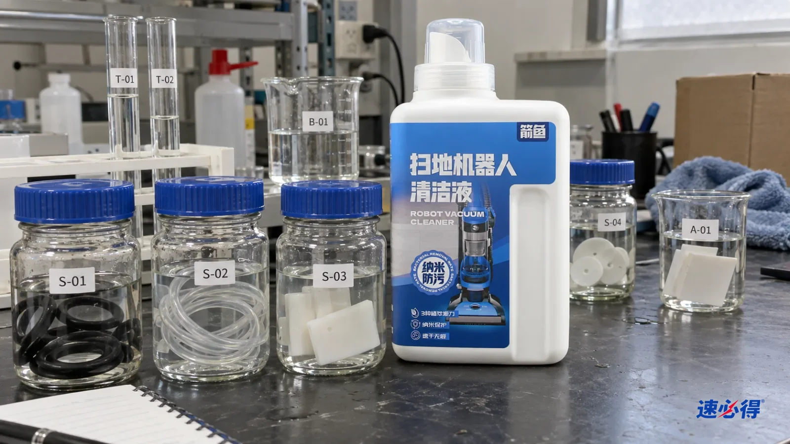三只带盖玻璃罐中放着密封圈、塑料样片和透明管路