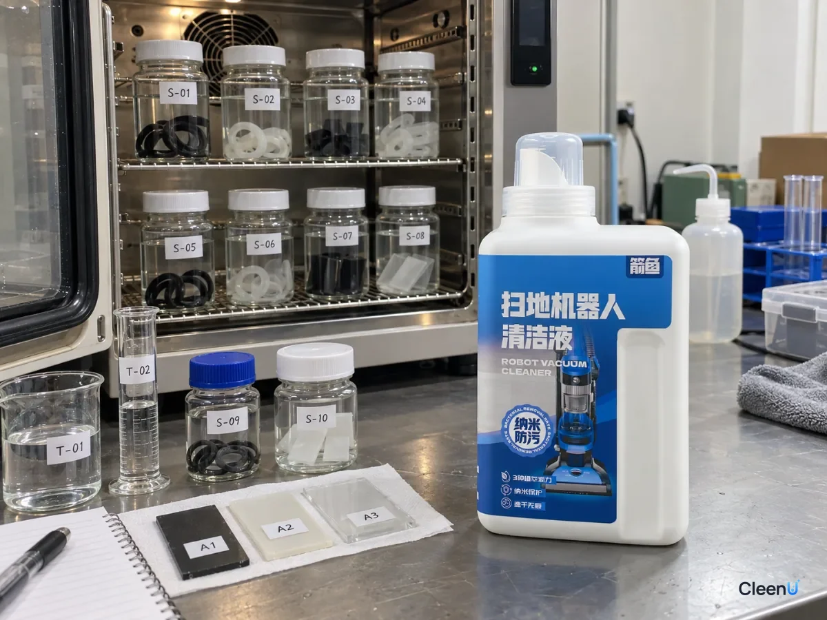 Capped glass jars inside a laboratory chamber beside a blue bottle