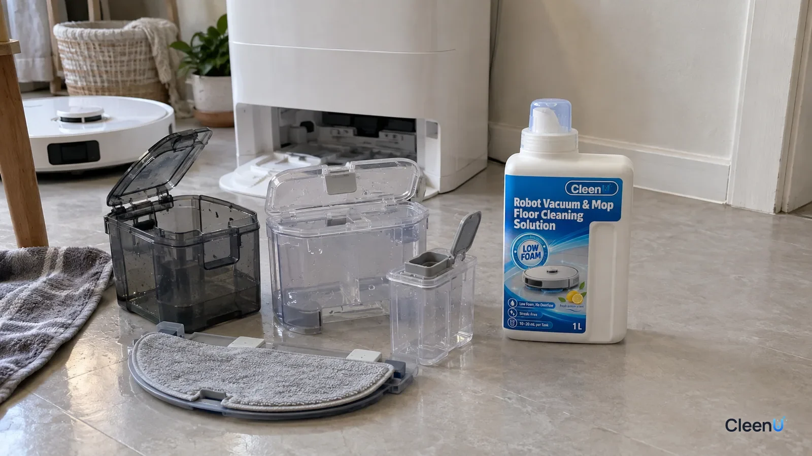 AI illustration: An emptied, cleaned robot mop clean tank, dirty tank, dosing compartment and pads laid out open to dry on a light counter, with a tightly capped bottle of cleaning solution beside them
