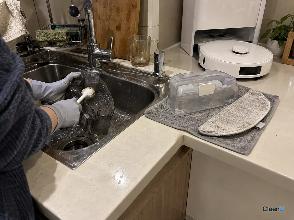 AI illustration: A gloved hand scrubbing the inside of a robot mop's dirty tank with a soft brush at the sink, a cleaned clean tank and pads drying beside it