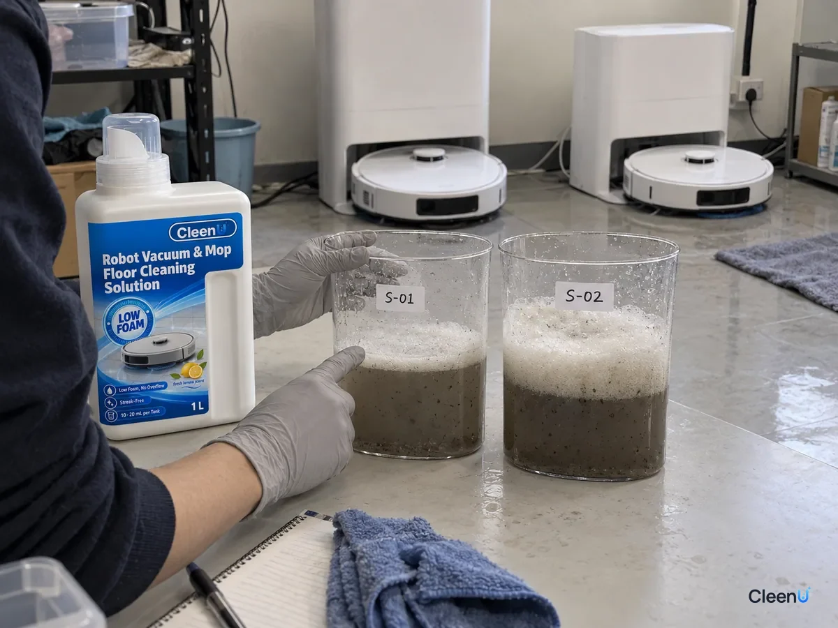 AI illustration: Two beakers of gray water with different foam heights beside a blue bottle