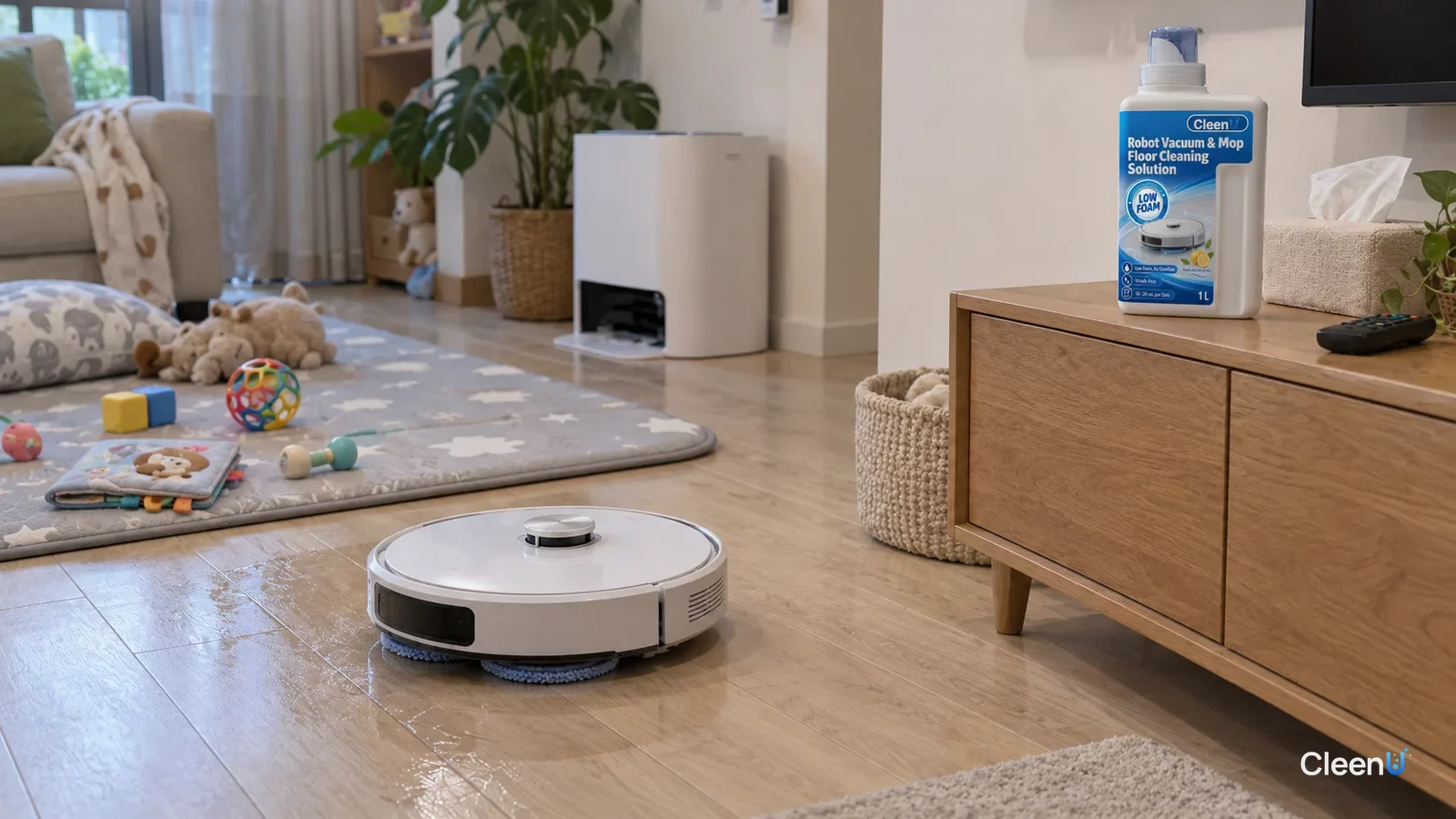 AI illustration: A robot mop working across a light wood living room floor, with baby toys on a play mat nearby and a bottle of robot mop cleaning solution on a side cabinet