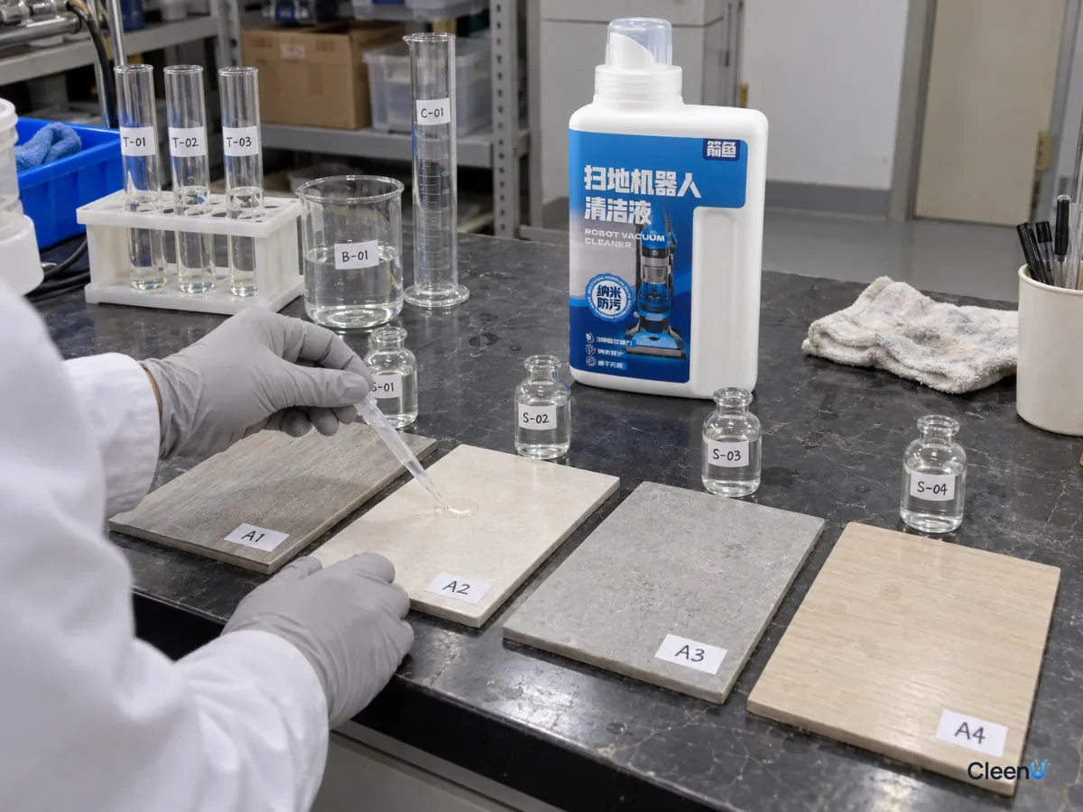 AI illustration: A gloved hand placing liquid drops on floor samples beside a blue bottle