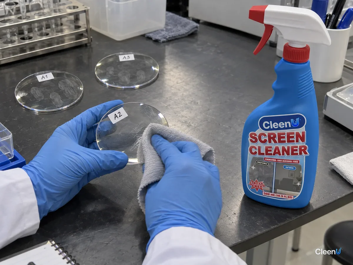 Lab bench: coded plastic lens samples with fingerprint oil; a technician gently wipes one with a microfiber cloth sprayed with screen cleaner, beside CleenU Screen Cleaner.