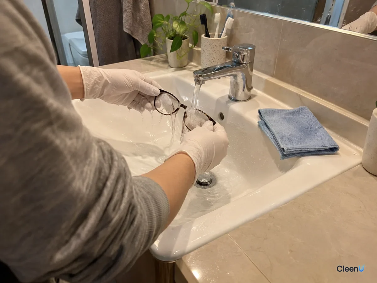 At the washbasin, white nitrile-gloved hand rinsing eyeglass lenses under cool running water, droplets on the lenses, a folded microfiber cloth beside