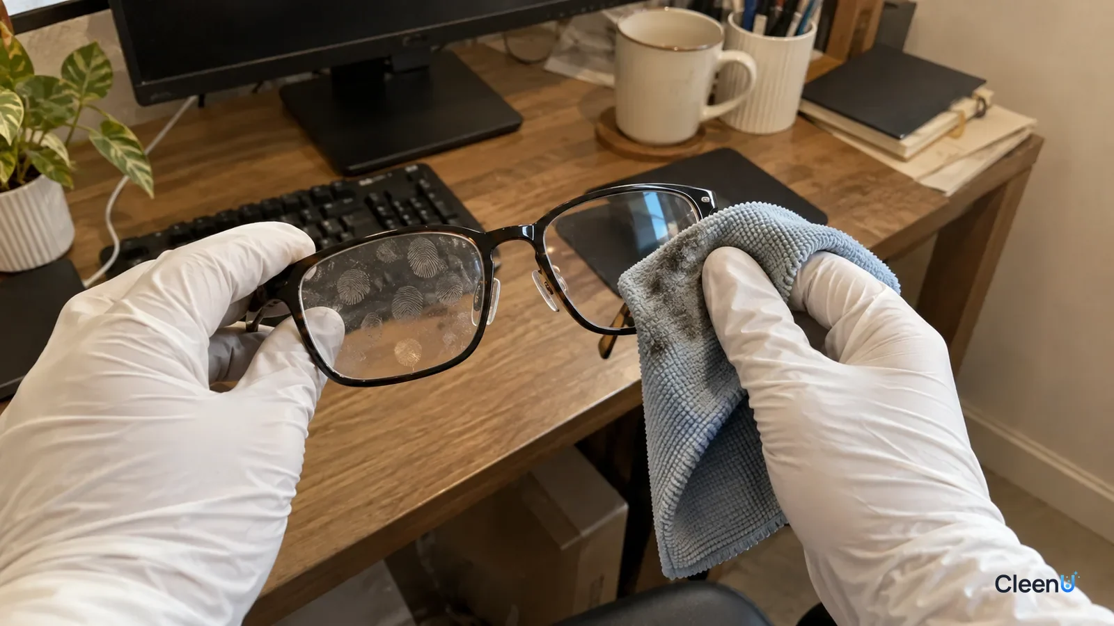 White nitrile-gloved hand lightly wiping fingerprints off eyeglass lenses with microfiber, oily marks on the cloth, one lens clear, the other still smudged