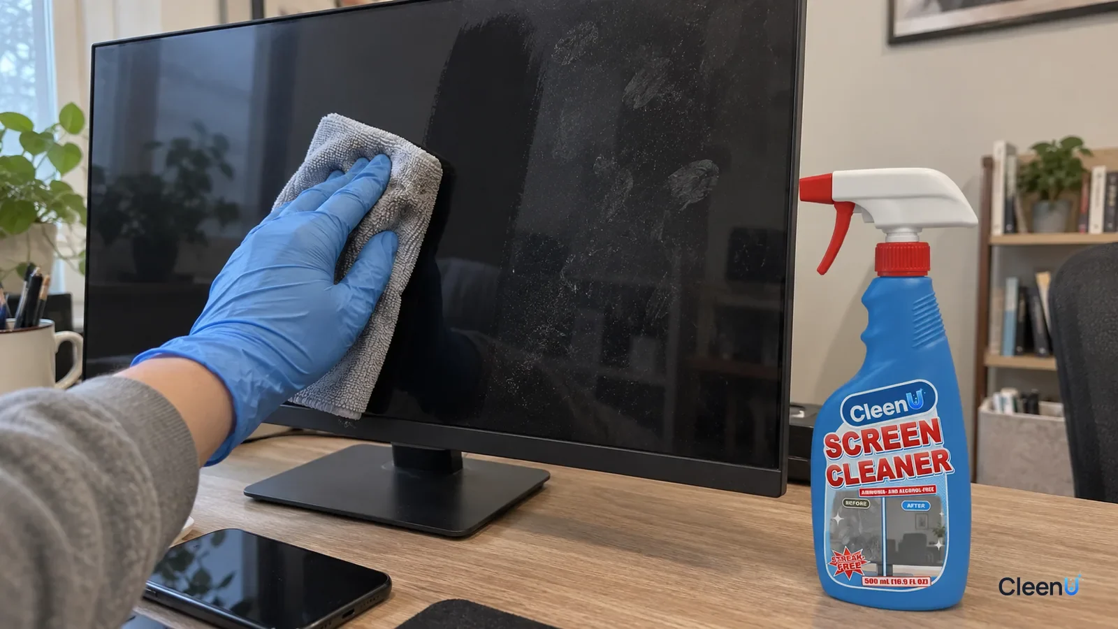 First-person: a blue nitrile-gloved hand wipes a switched-off monitor one way with a damp microfiber cloth, one clean strip beside smudges, a capped bottle of CleenU Screen Cleaner on the desk.
