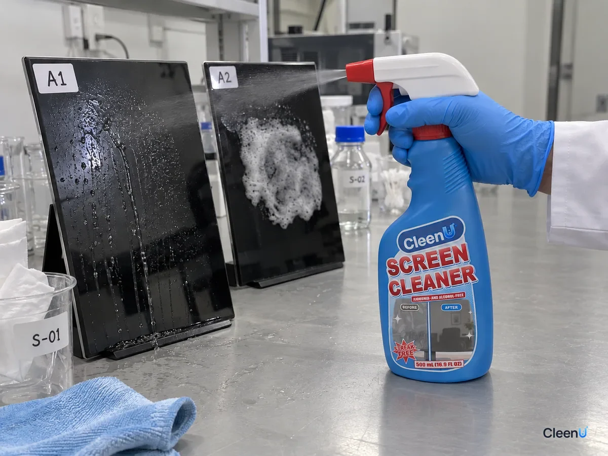 Lab bench: two upright coded screen panels, one sprayed directly with liquid running to the bottom, one with foam staying put, compared beside CleenU Screen Cleaner.