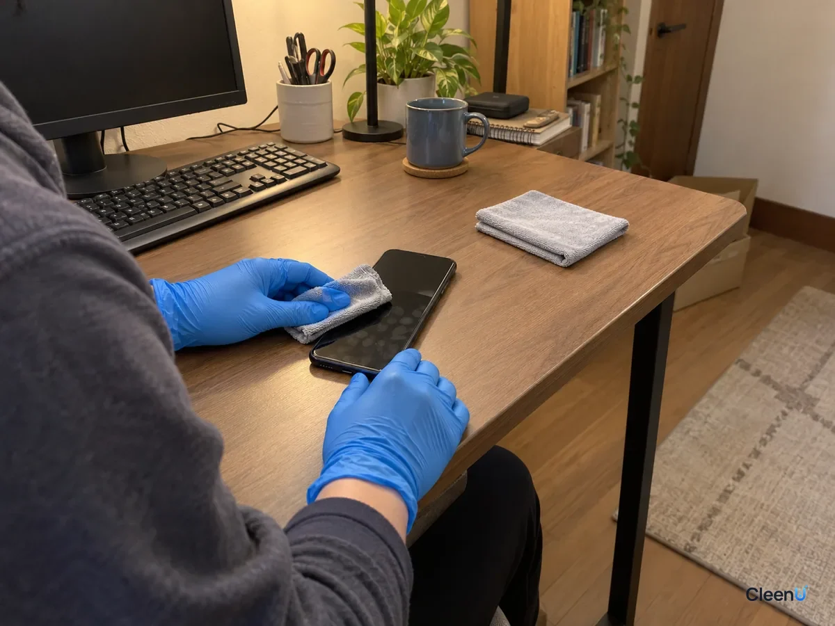 From a step back: a blue nitrile-gloved hand wipes a switched-off phone flat on a wood desk one way, top half clean and bottom still smudged, a dry cloth beside it.