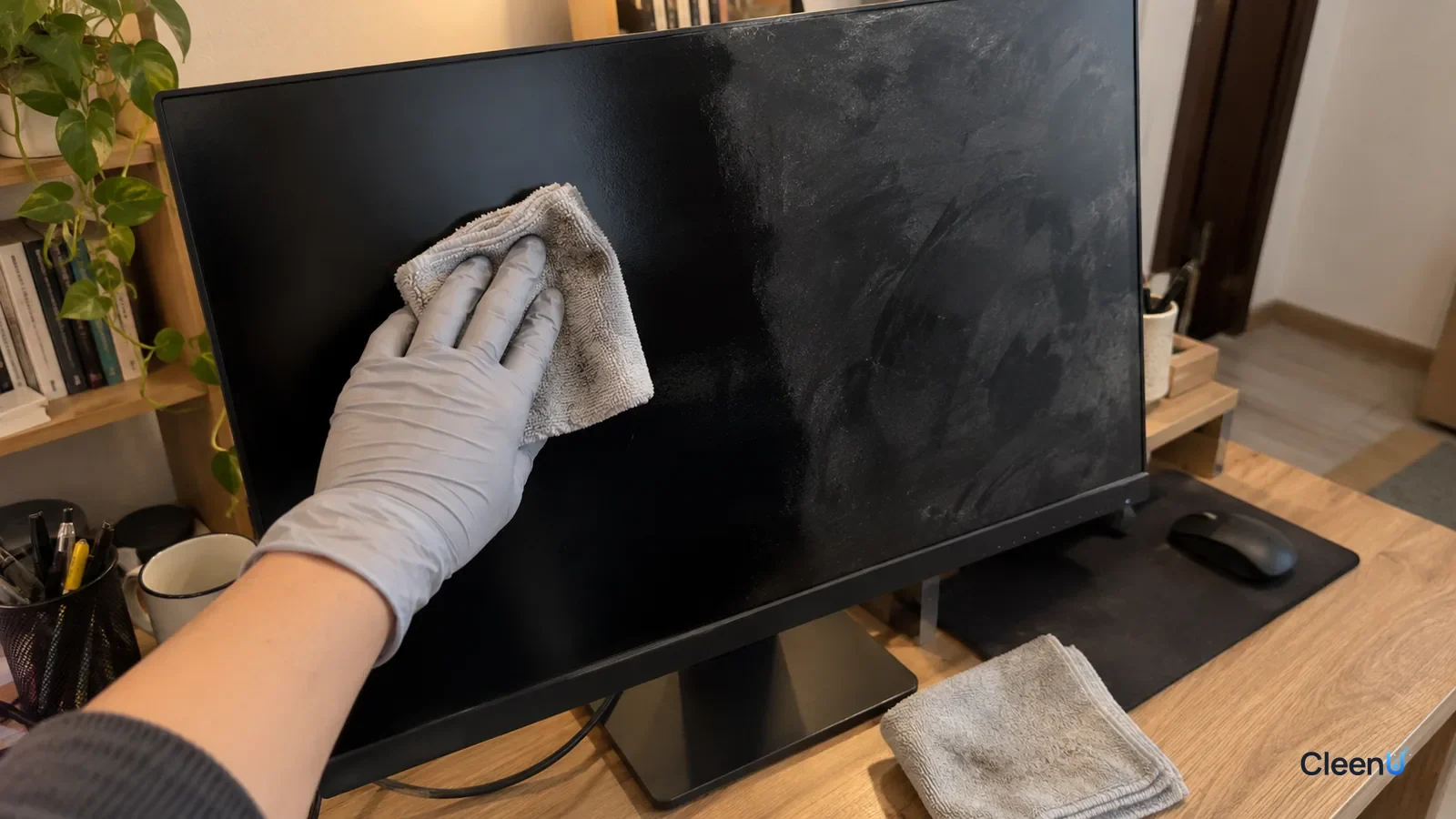 First-person close-up: a hand in light gray nitrile gloves wipes oily film on a switched-off black monitor with a damp microfiber cloth; one corner clean, smears left, faint gray on the cloth.