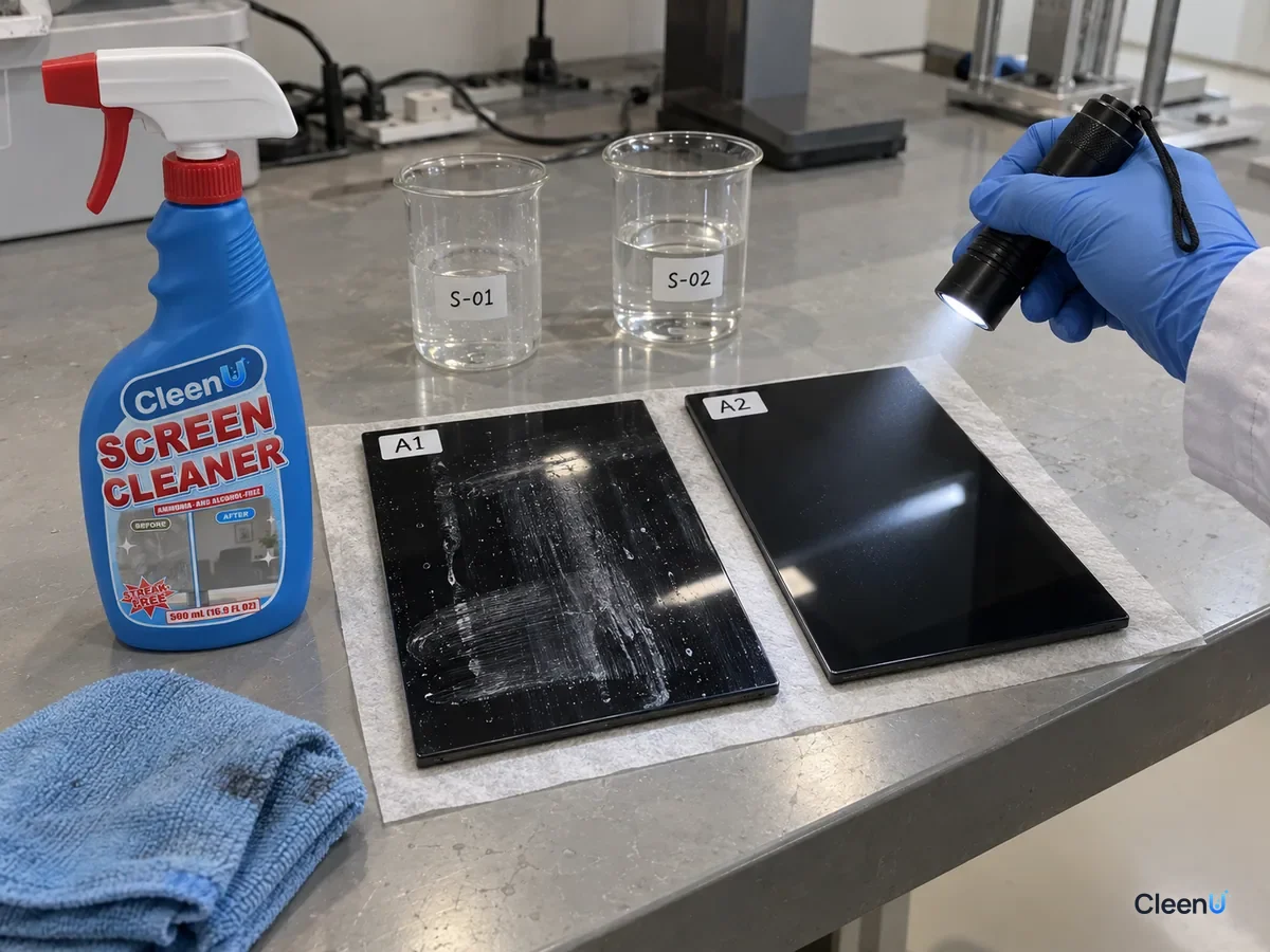 Lab bench with two black screen panels with test codes: one streaked from too much liquid, one clean after a damp-cloth wipe; a technician compares them with a flashlight beside CleenU Screen Cleaner.