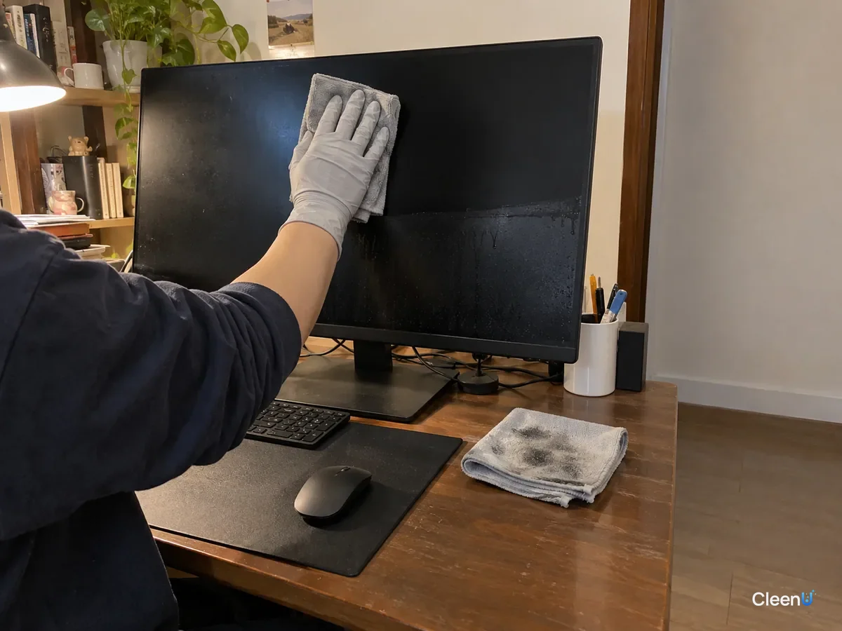 From a step away, a forearm in light gray nitrile gloves dries a switched-off monitor top to bottom with a second dry cloth; one wet streak still at the bottom, a used cloth on the desk.