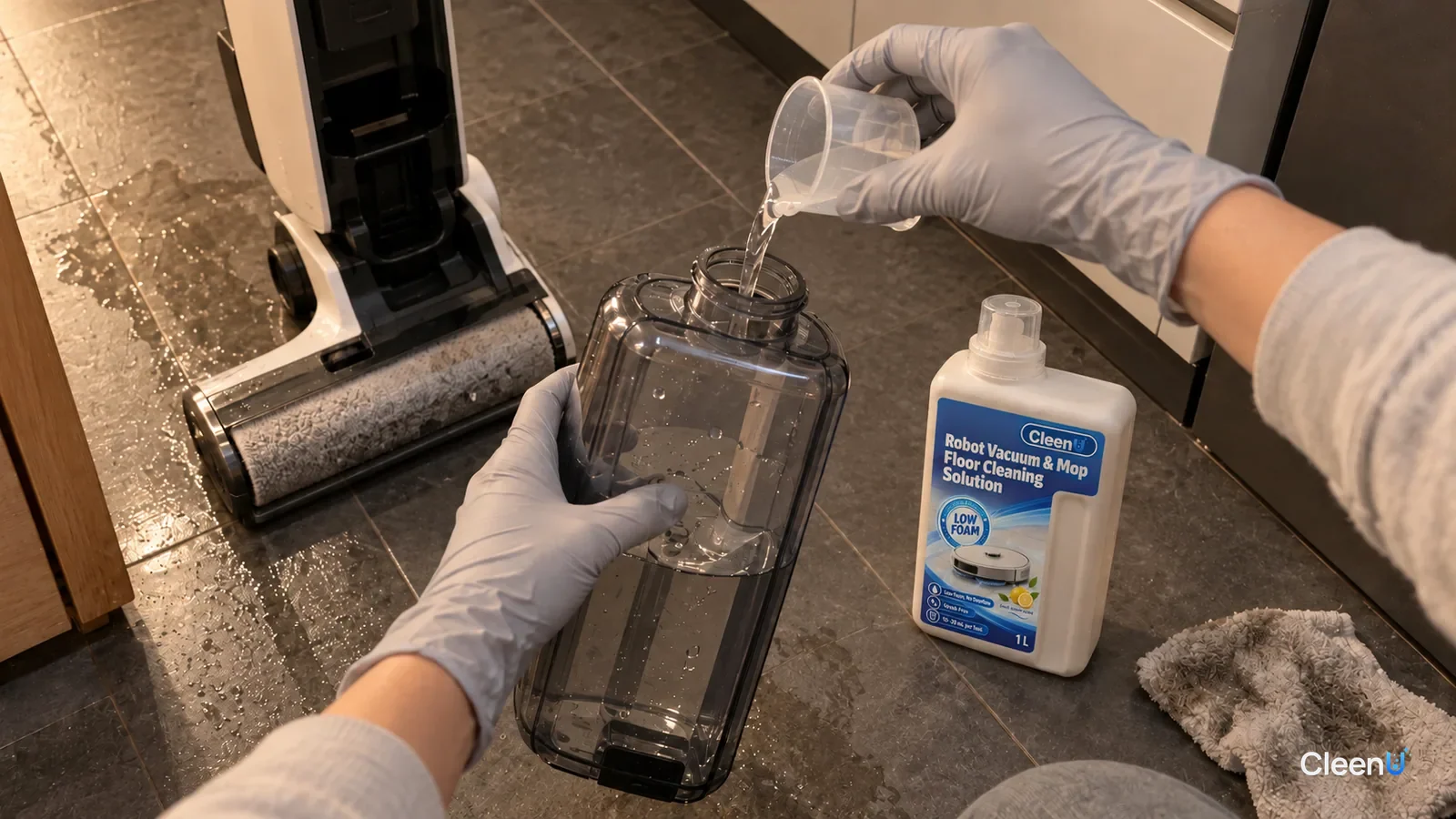 A gloved hand pours from a clear cup into an upright wet-dry floor cleaner's clean tank, beside CleenU Robot Mop solution.
