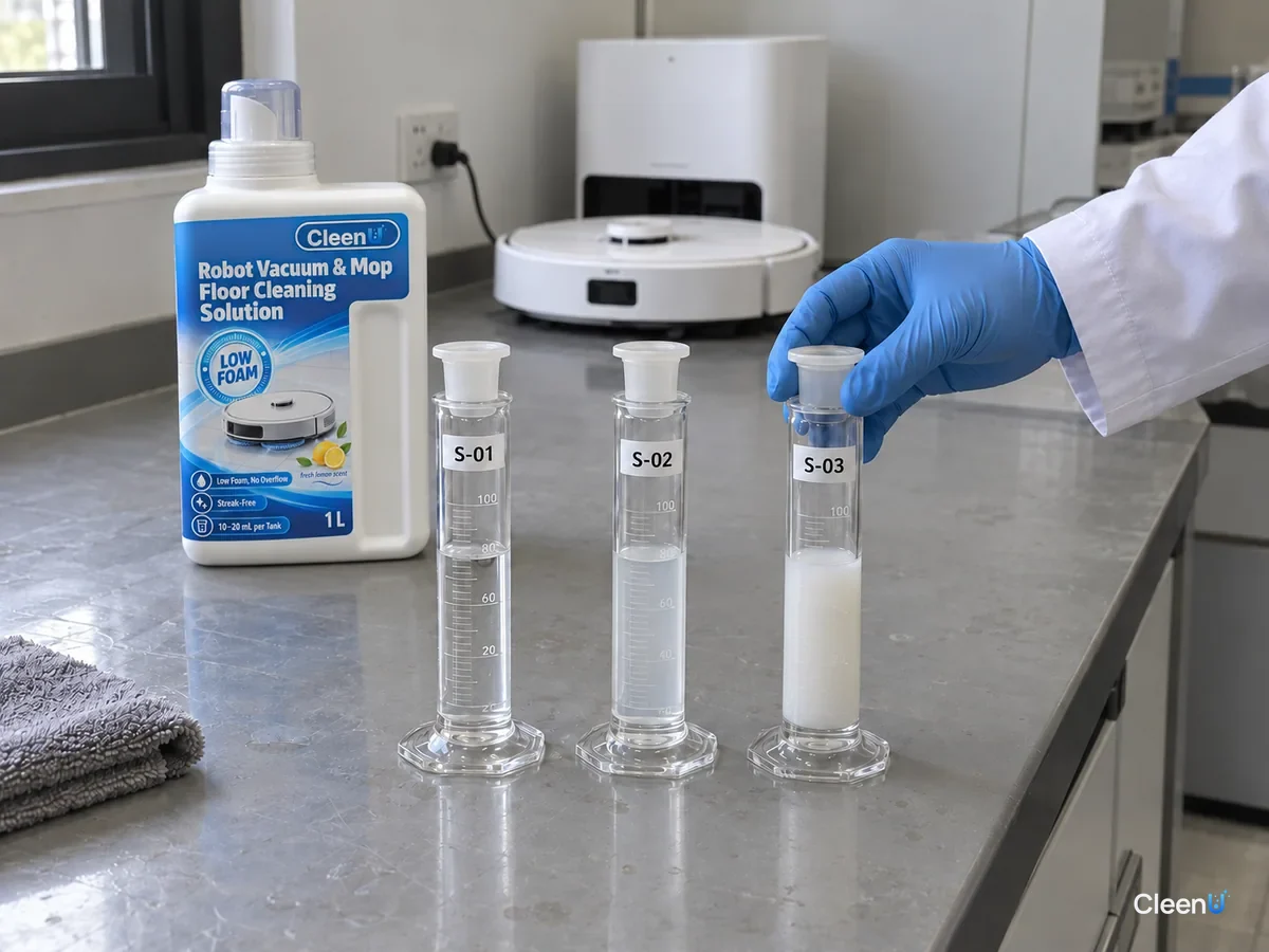 Stoppered cylinders of water, diluted solution and solution with milk after shaking, with CleenU Robot Mop solution behind.