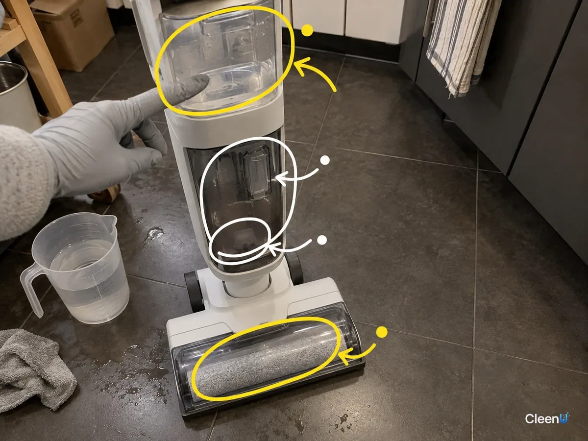 An upright wet-dry floor cleaner on kitchen tile, with its clean water tank, dirty water tank and brushroll window marked.