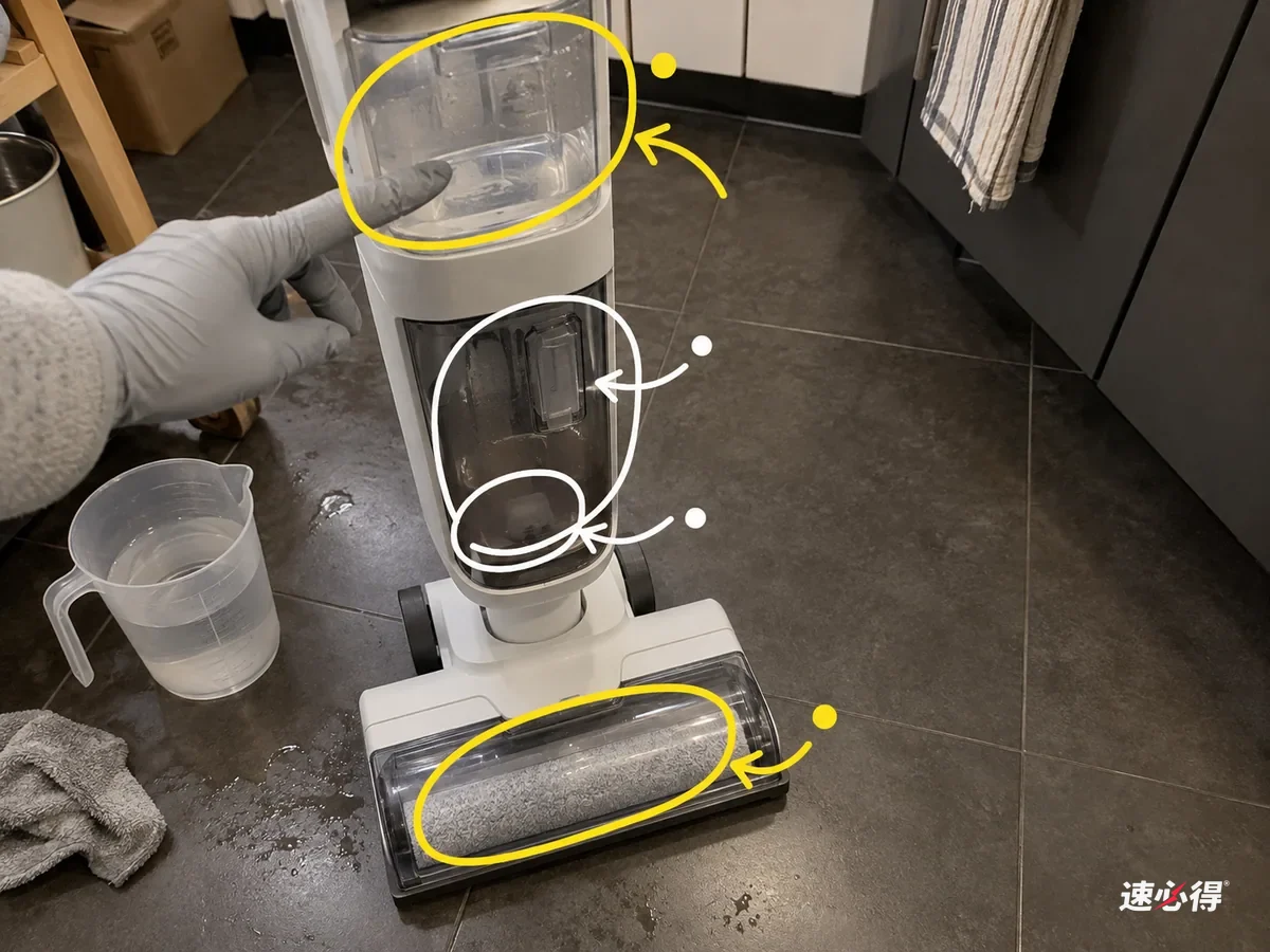 立式洗地机上的清水箱、滚刷观察窗和污水箱里的挡板、满水检测位被标出