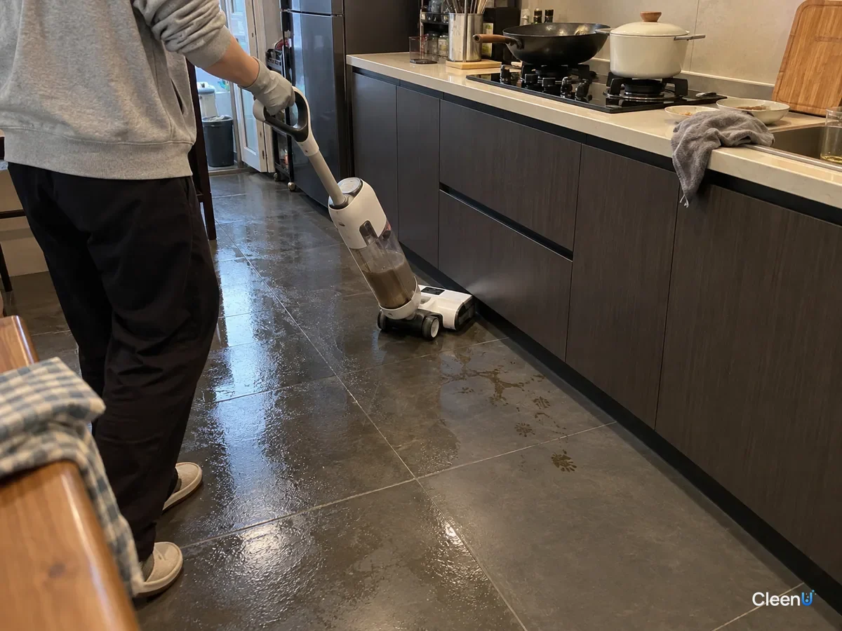 A gloved hand pushes an upright wet-dry floor cleaner past the stove on dark tile, gray water visible in its dirty tank.
