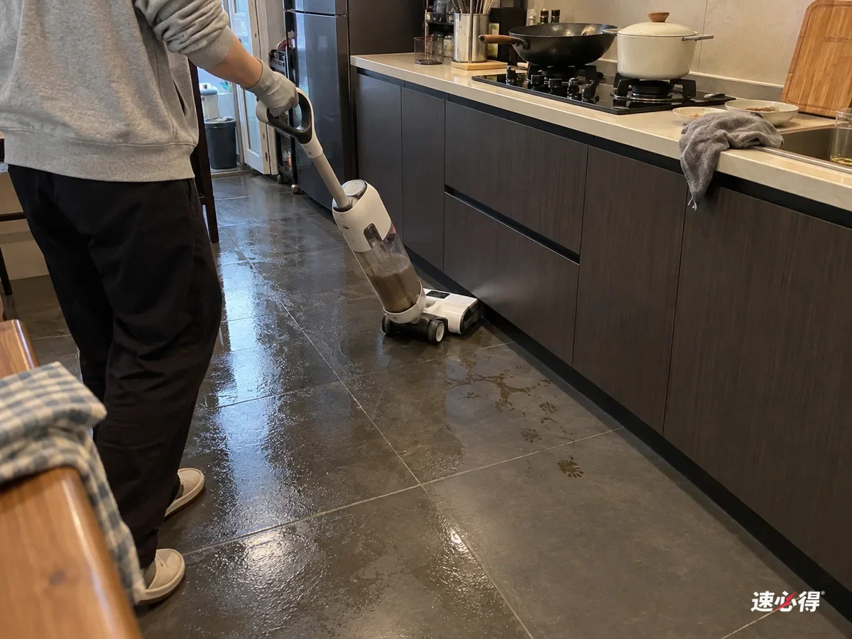 戴手套的手推着立式洗地机拖过灶台前的深色瓷砖，污水箱里是灰水，地面还有零星脚印。