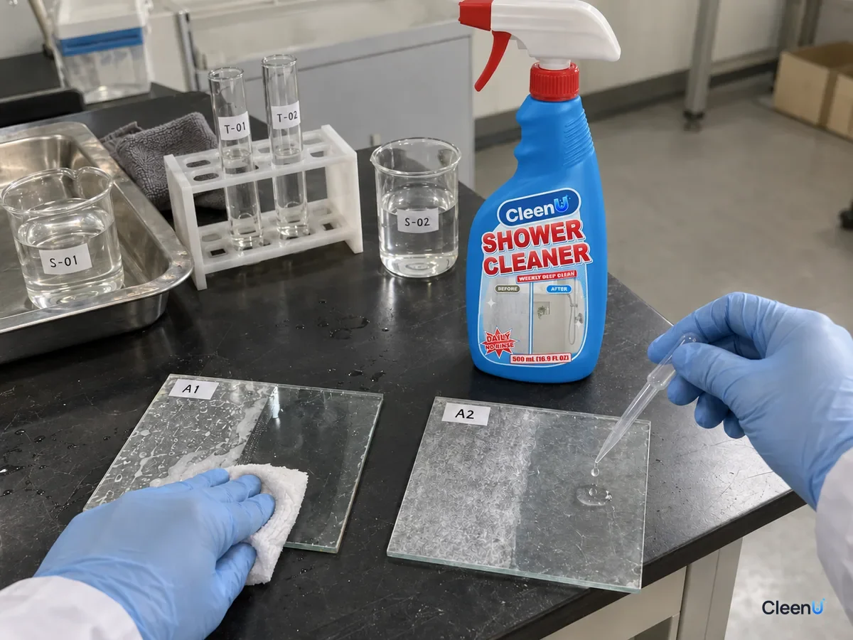 Lab bench: two coded glass panels, one with scale softened and wiped off, one rough and cloudy that turns clear when a technician drips water on it, beside CleenU Shower Cleaner.