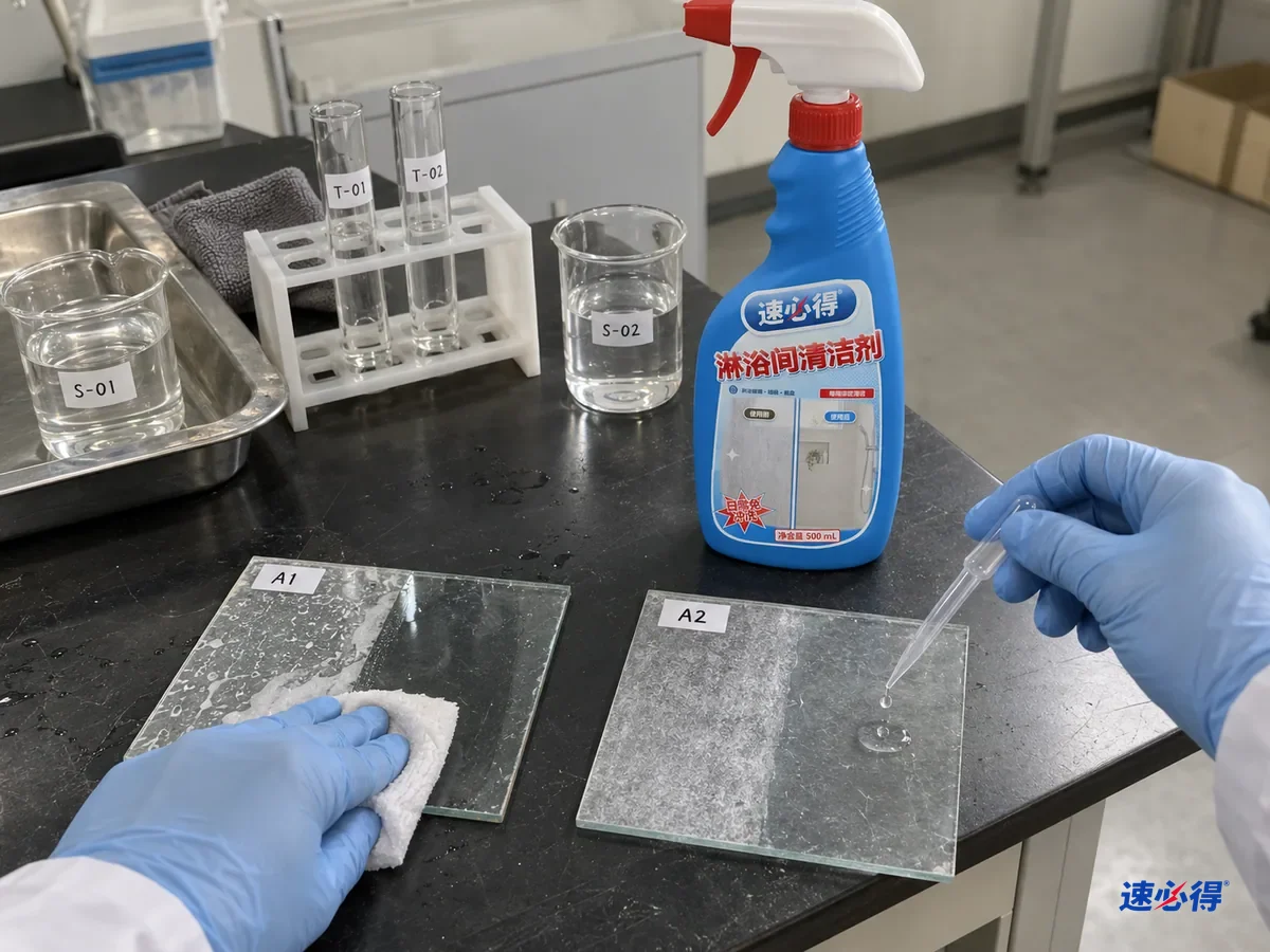 实验台上两块贴着不同测试编号的玻璃样板，一块带白色水垢、湿敷后软化擦掉，另一块表面粗糙发白，技术人员用滴管滴水后它变透明，台面上放着一瓶速必得淋浴间清洁剂。